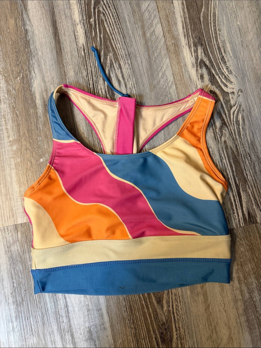 Wave-Print Racerback Bikini Top in Pink, Orange, Blue & Cream